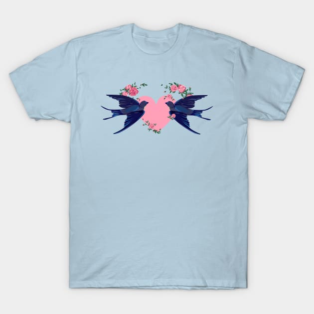 Swallow Flying Heart Birds T-Shirt by Mako Design 